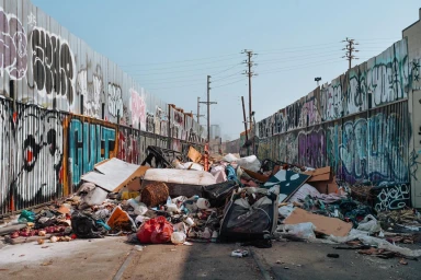 An alleyway flanked by corrugated metal walls covered in graffiti, with a large pile of debris blocking the path.