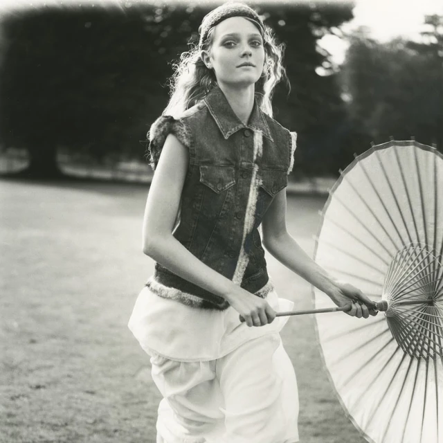 Black and white shot of a model in a denim vest and light skirt, holding an umbrella, outdoors in an open field on a sunny day.