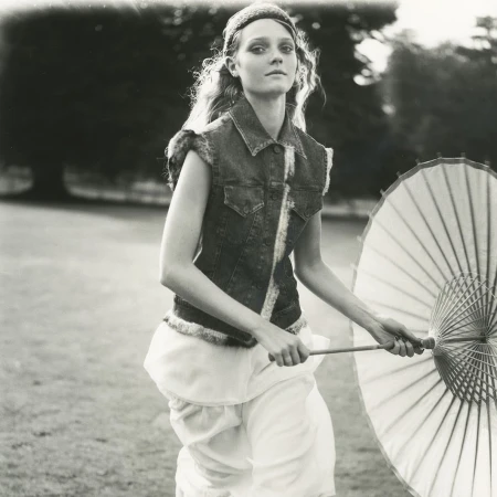 Black and white shot of a model in a denim vest and light skirt, holding an umbrella, outdoors in an open field on a sunny day.