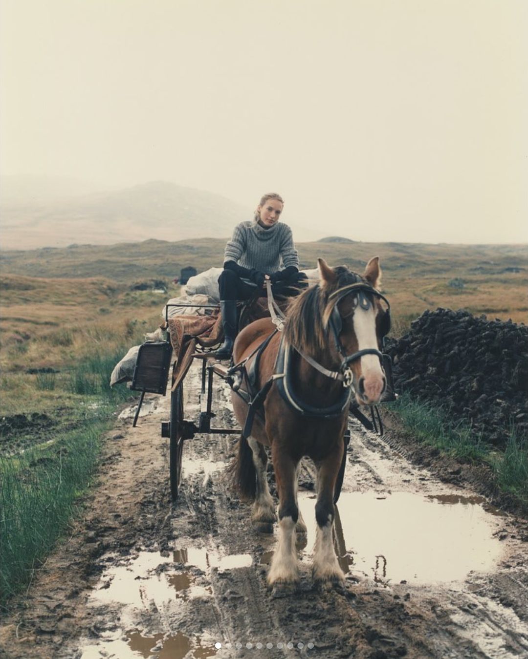 Woman rides a horse-drawn cart through a muddy rural landscape in a misty, overcast environment, with a mountain visible in the background.