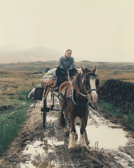 Woman rides a horse-drawn cart through a muddy rural landscape in a misty, overcast environment, with a mountain visible in the background.