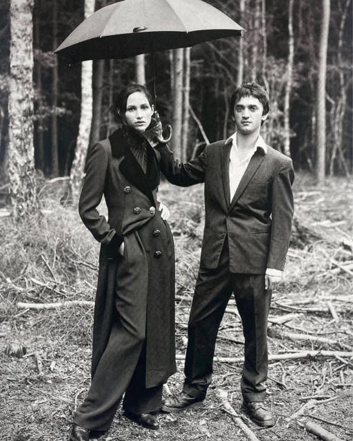 Monochrome fashion portrait of a stylish couple with a black umbrella, posing in a wooded area.