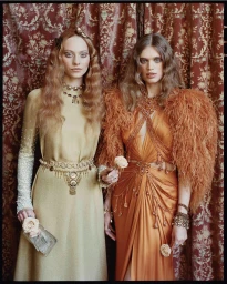 Two female models in ornate designer gowns and elaborate gold jewellery standing against a heavy patterned curtain background.