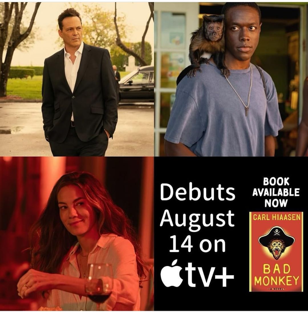 Collage of Bad Monkey TV show images featuring Vince Vaughn, Michelle Monaghan, and Jodie, along with monkey and book cover.