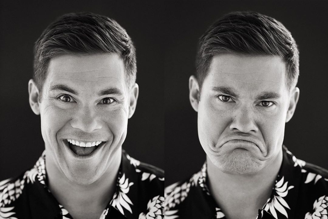 Black and white portrait of an adult male showing happy and sad expressions with a black background and wearing a floral shirt.