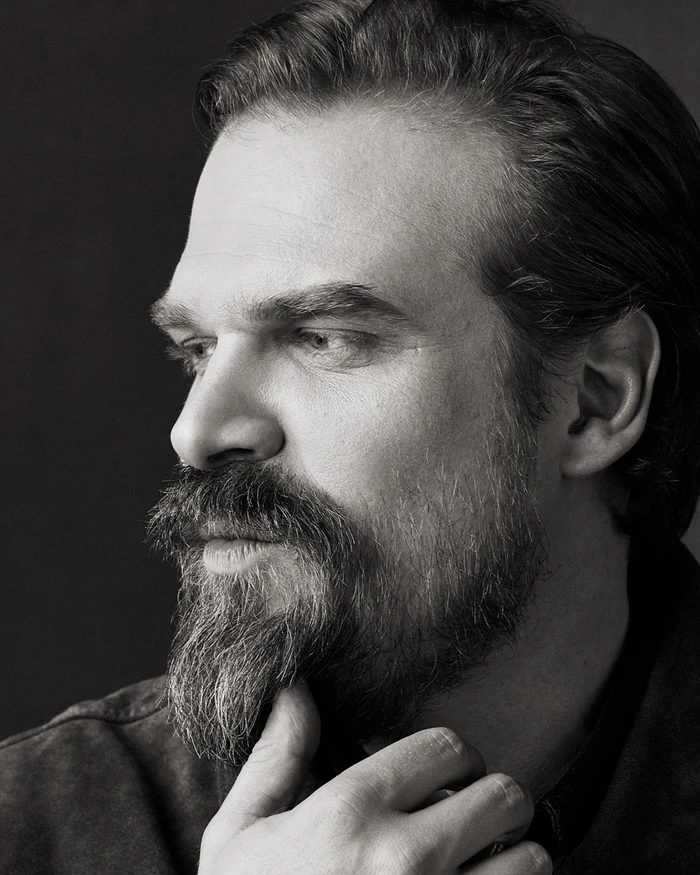 Black and white portrait of David Harbour with a full beard resting his chin on his hand.