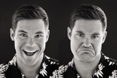 Black and white split portrait of a man making a joyful expression and a sad expression against a dark background.