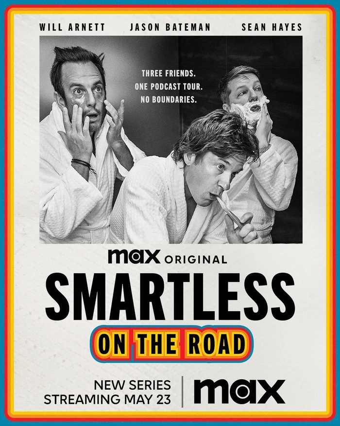 Black and white promotional poster featuring Will Arnett, Jason Bateman, and Sean Hayes wearing bathrobes.