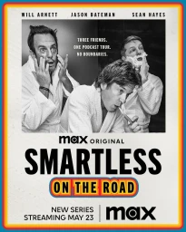 Black and white promotional poster featuring Will Arnett, Jason Bateman, and Sean Hayes wearing bathrobes.