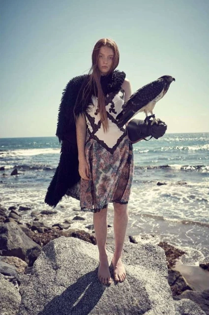 A young woman stands barefoot on a rock at the beach, holding a falcon on her gloved hand. She wears a patterned dress and dark cape.