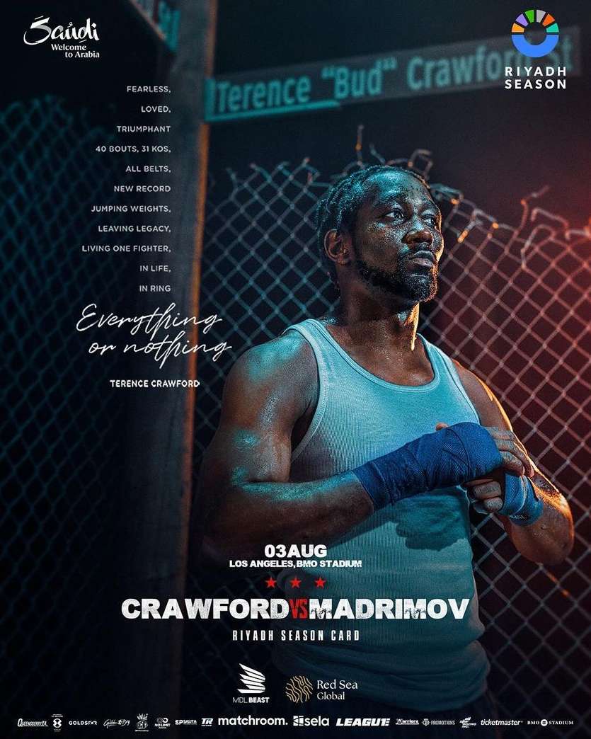 Terence Crawford poster featuring the boxer in a tank top and hand wraps against a gritty urban background promoting a Riyadh Season card.
