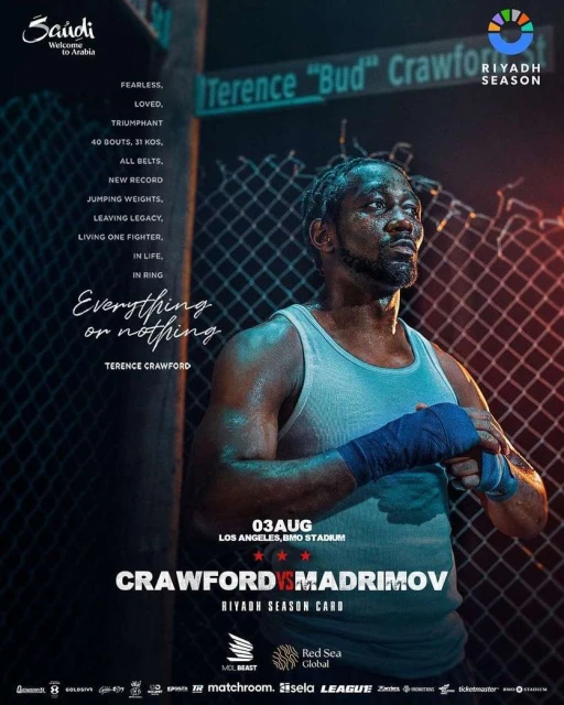 Terence Crawford poster featuring the boxer in a tank top and hand wraps against a gritty urban background promoting a Riyadh Season card.