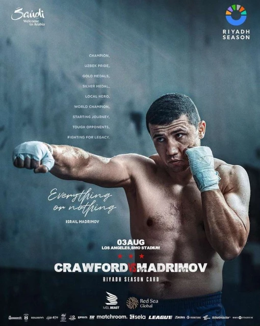 Boxing promotional poster featuring a shirtless Israil Madrimov in boxing gloves, set against a blurred, textured backdrop with event details.
