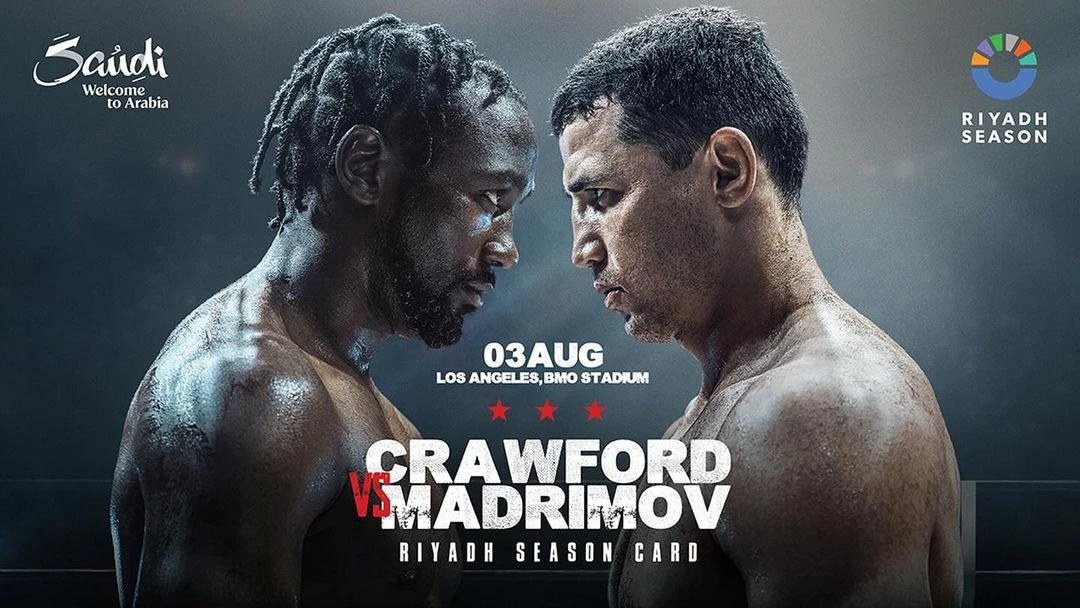 Poster for Crawford vs. Madrimov boxing match in Los Angeles features a close-up of two male boxers facing each other. 