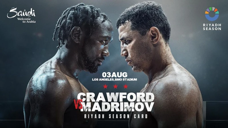 Poster for Crawford vs. Madrimov boxing match in Los Angeles features a close-up of two male boxers facing each other. 