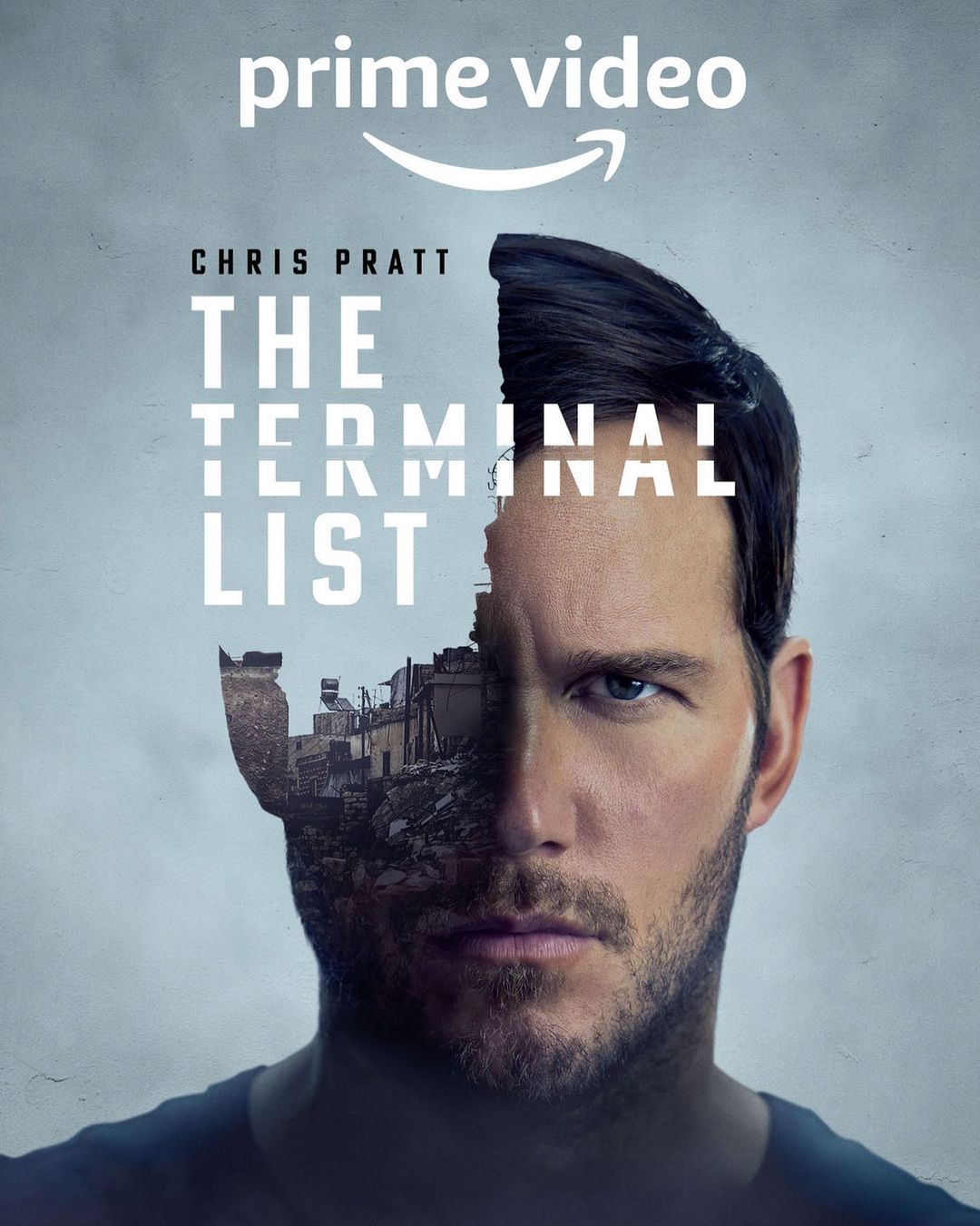Movie poster for The Terminal List, featuring actor Chris Pratt, buildings, and Prime Video logo against a gray background.
