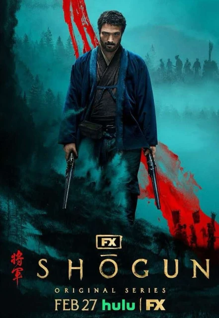 Shogun TV series poster featuring a man with two guns in a blue jacket, standing in a forest with blurred figures in the background.
