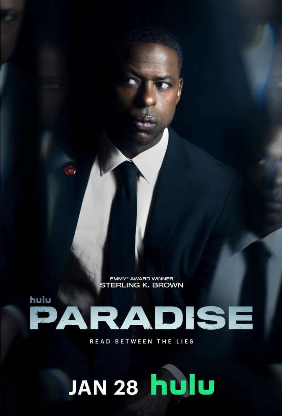 Promotional poster for the Hulu series Paradise featuring Sterling K. Brown in a suit and tie. Dark color palette, dramatic lighting.