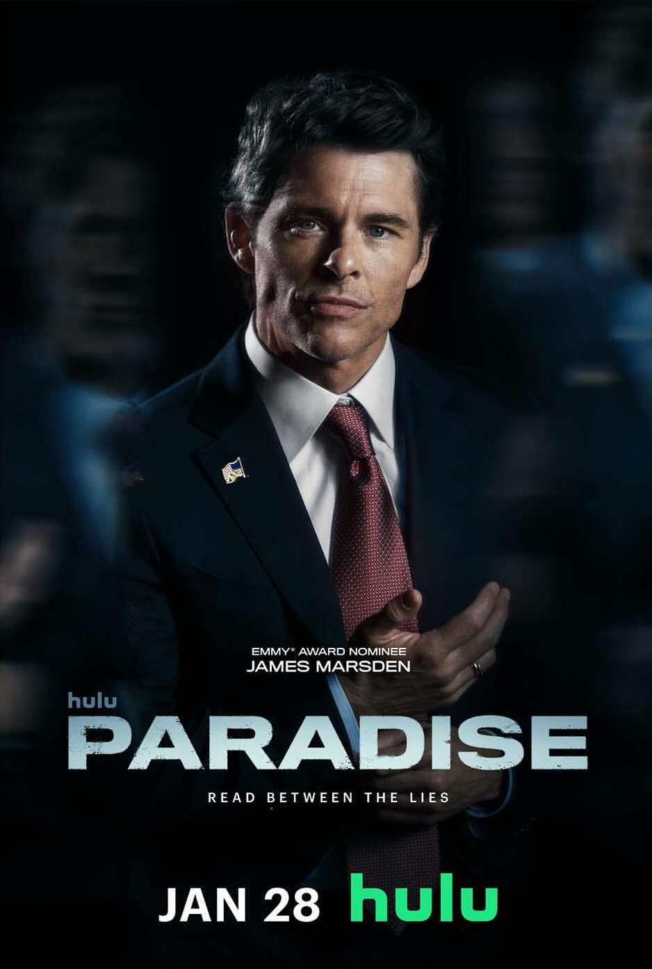 James Marsden in a promotional poster for 'Paradise', a Hulu production, wearing a suit and tie against a dark background.