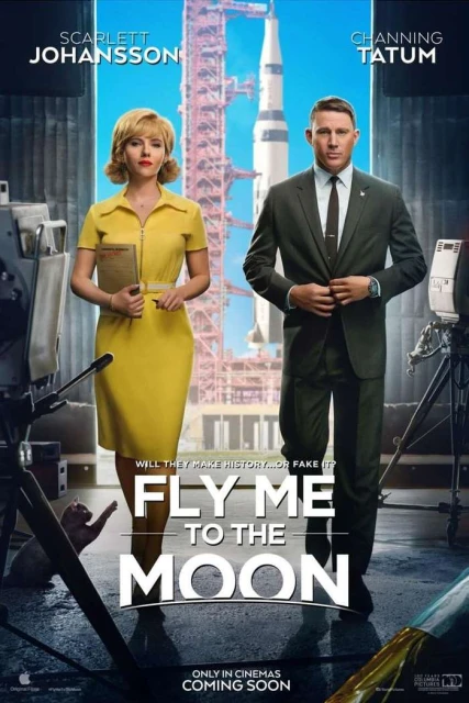 Movie poster featuring Scarlett Johansson and Channing Tatum in 'Fly Me to the Moon' with a rocket launch structure backdrop.