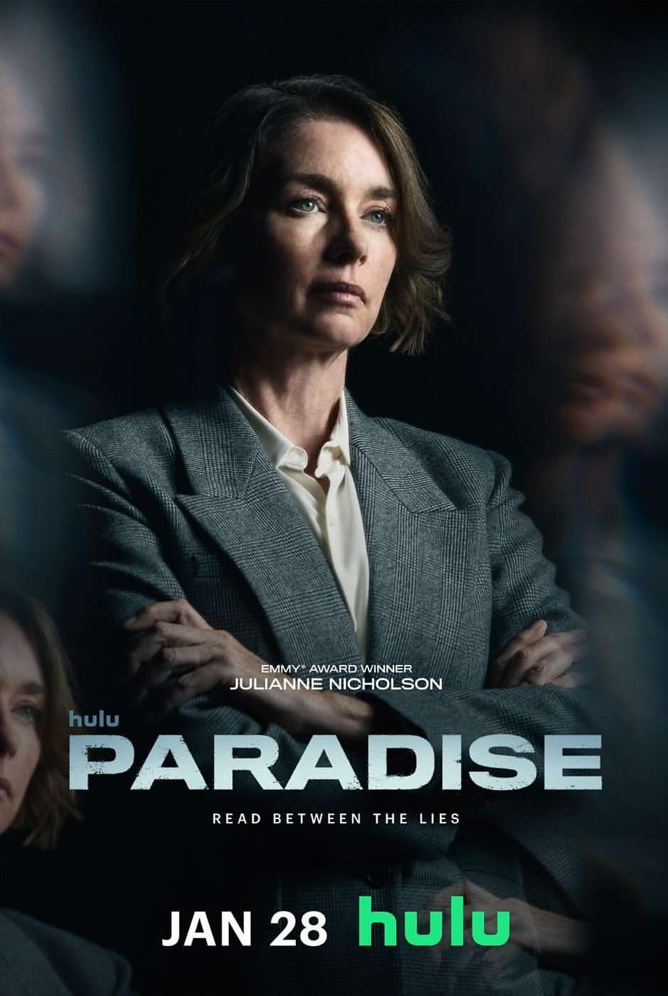 Movie poster featuring Julianne Nicholson in 'Paradise' on Hulu, set against a dark, blurred background, showcasing a serious portrait.