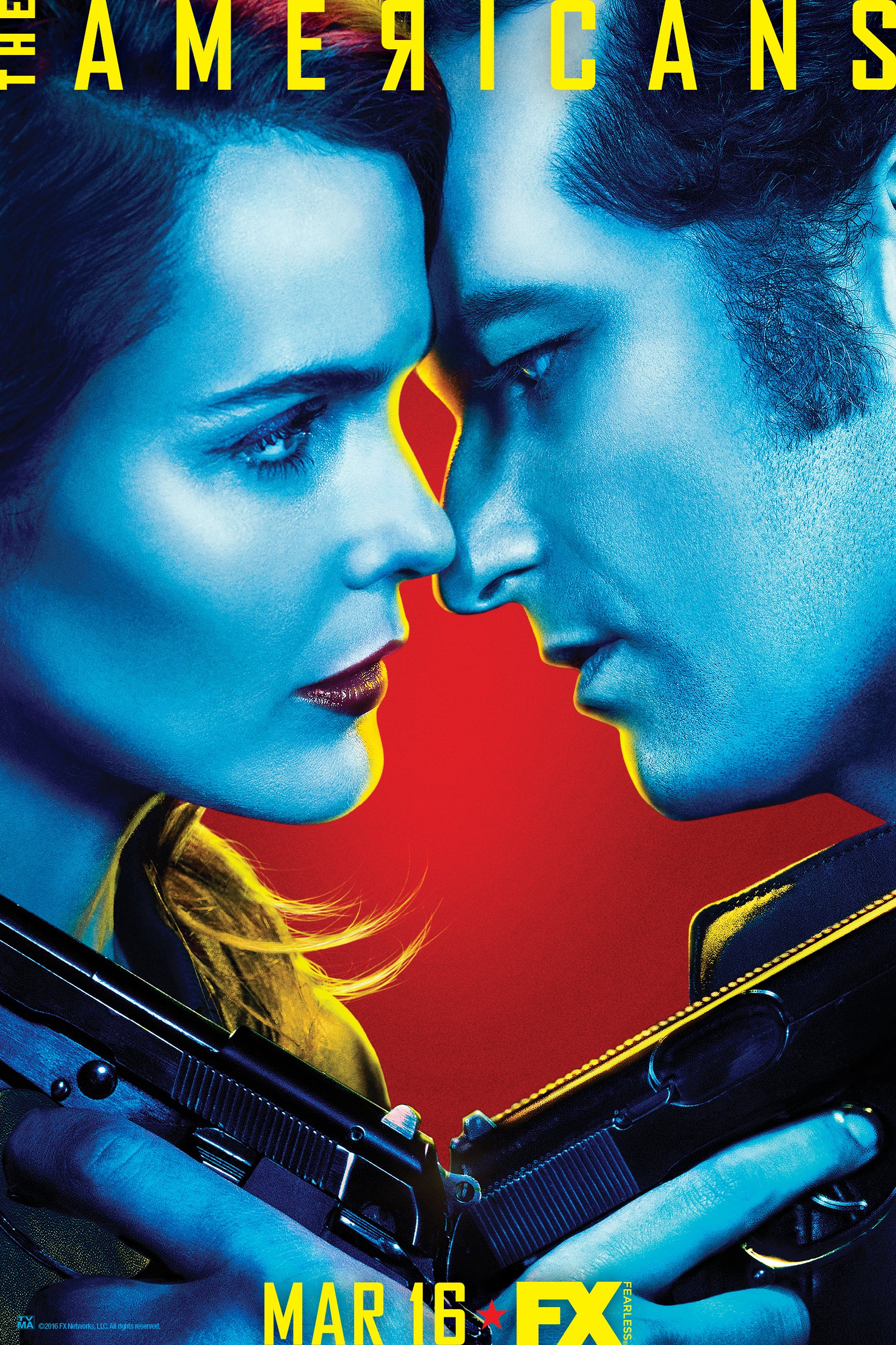 Movie poster for 'The Americans' featuring a man and woman in close proximity with guns; red and blue color scheme, with series title text.