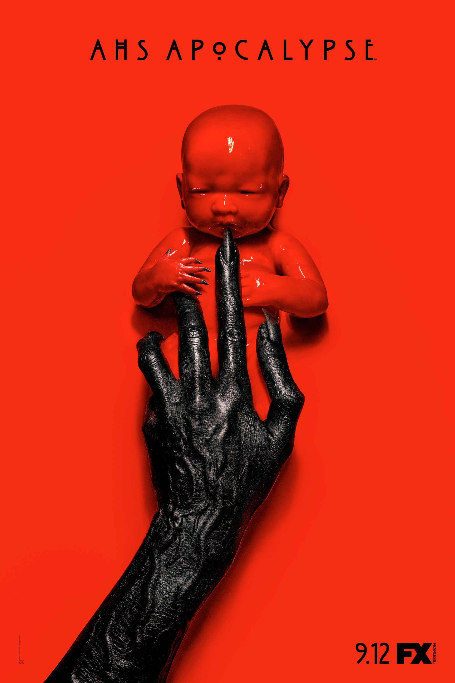 Movie poster featuring a red baby doll grasped by a black hand, set against a solid red background with 'AHS Apocalypse' text.