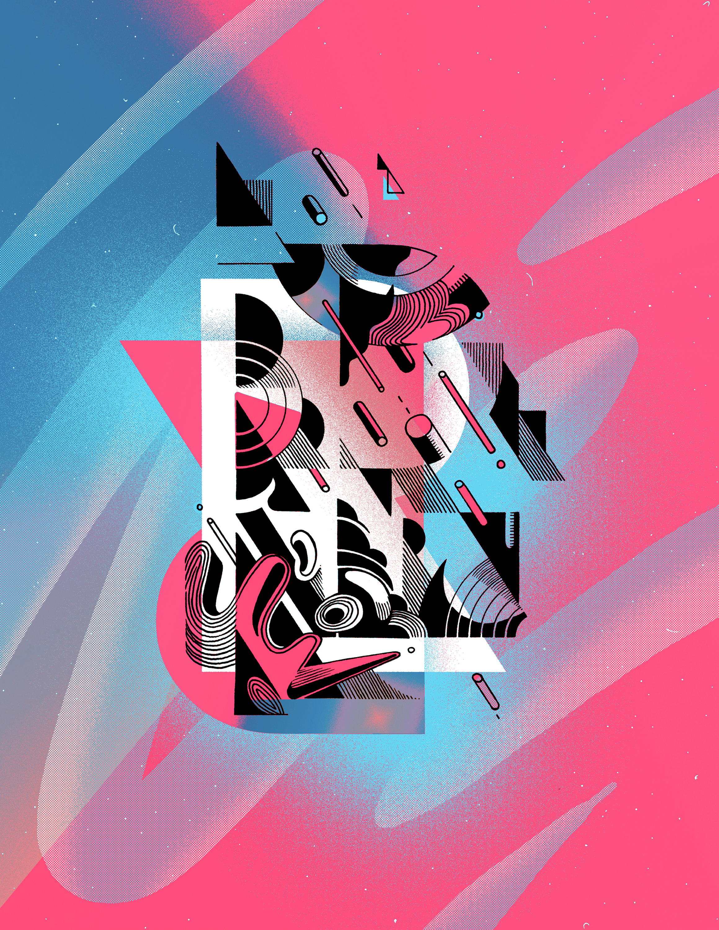 Abstract geometric art featuring blue, pink, black, and white shapes. Modern design aesthetic with geometric patterns and vibrant colors.