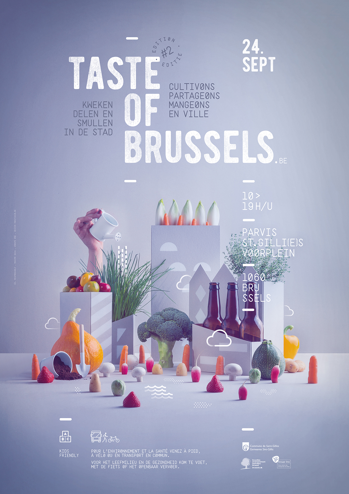 Food poster for Taste of Brussels event with endives, carrots, pumpkins, broccoli, beer bottles, and hand with watering can.