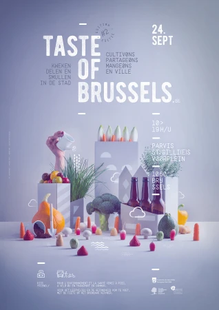 Food poster for Taste of Brussels event with endives, carrots, pumpkins, broccoli, beer bottles, and hand with watering can.