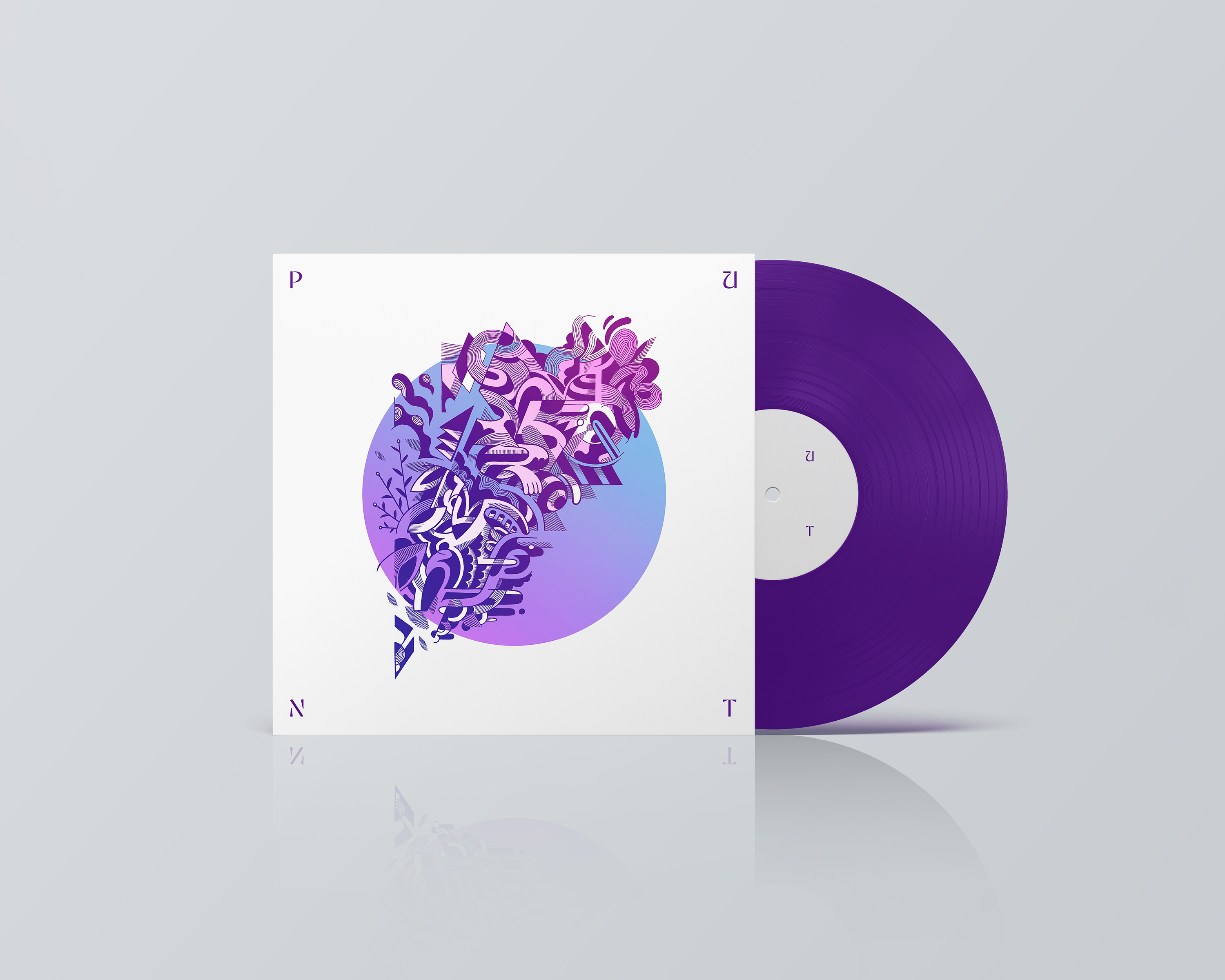 Vinyl record album cover with abstract floral and geometric design in shades of purple and blue on a white background, product shot.