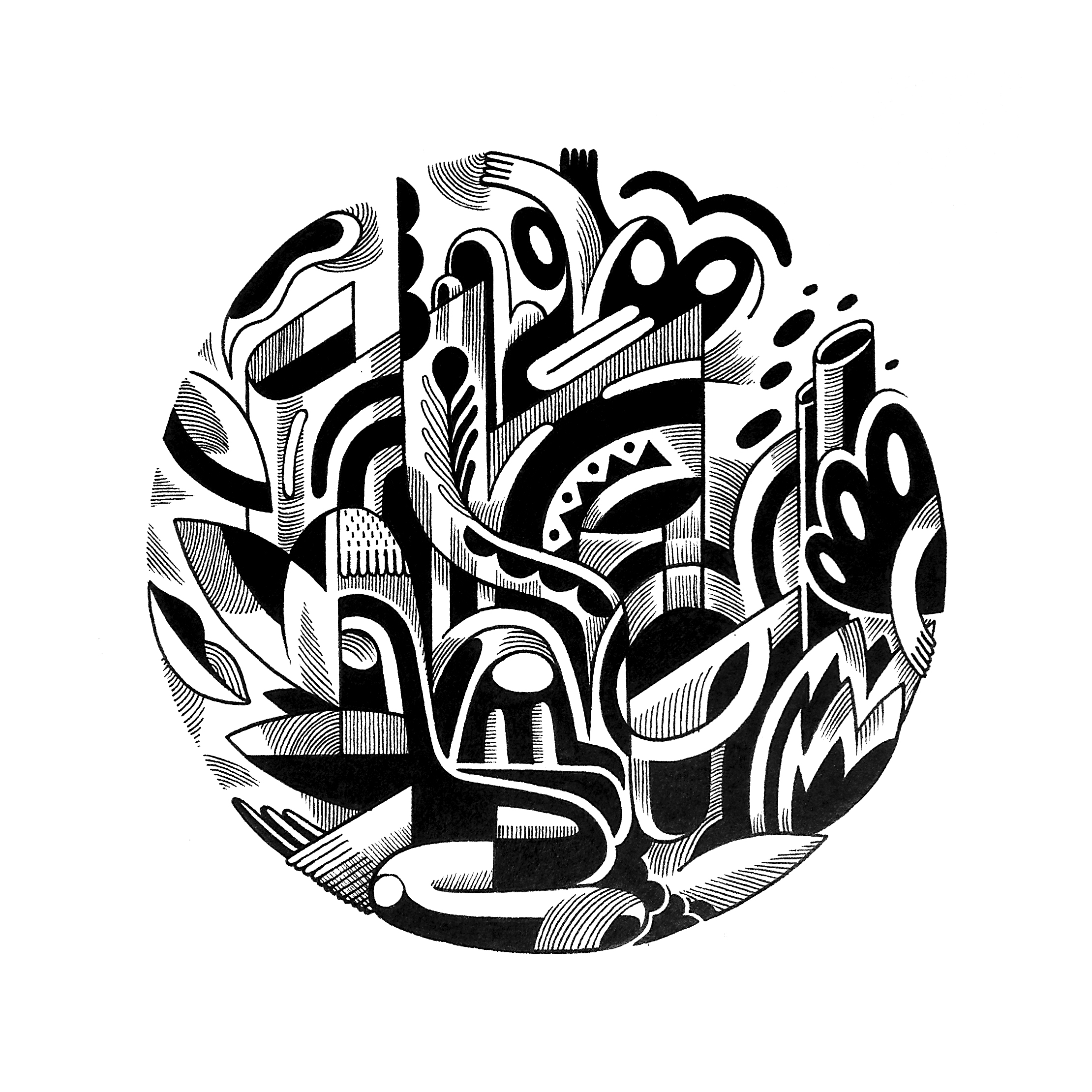 Abstract black and white ink illustration featuring geometric shapes, lines, and organic forms in a circular composition.