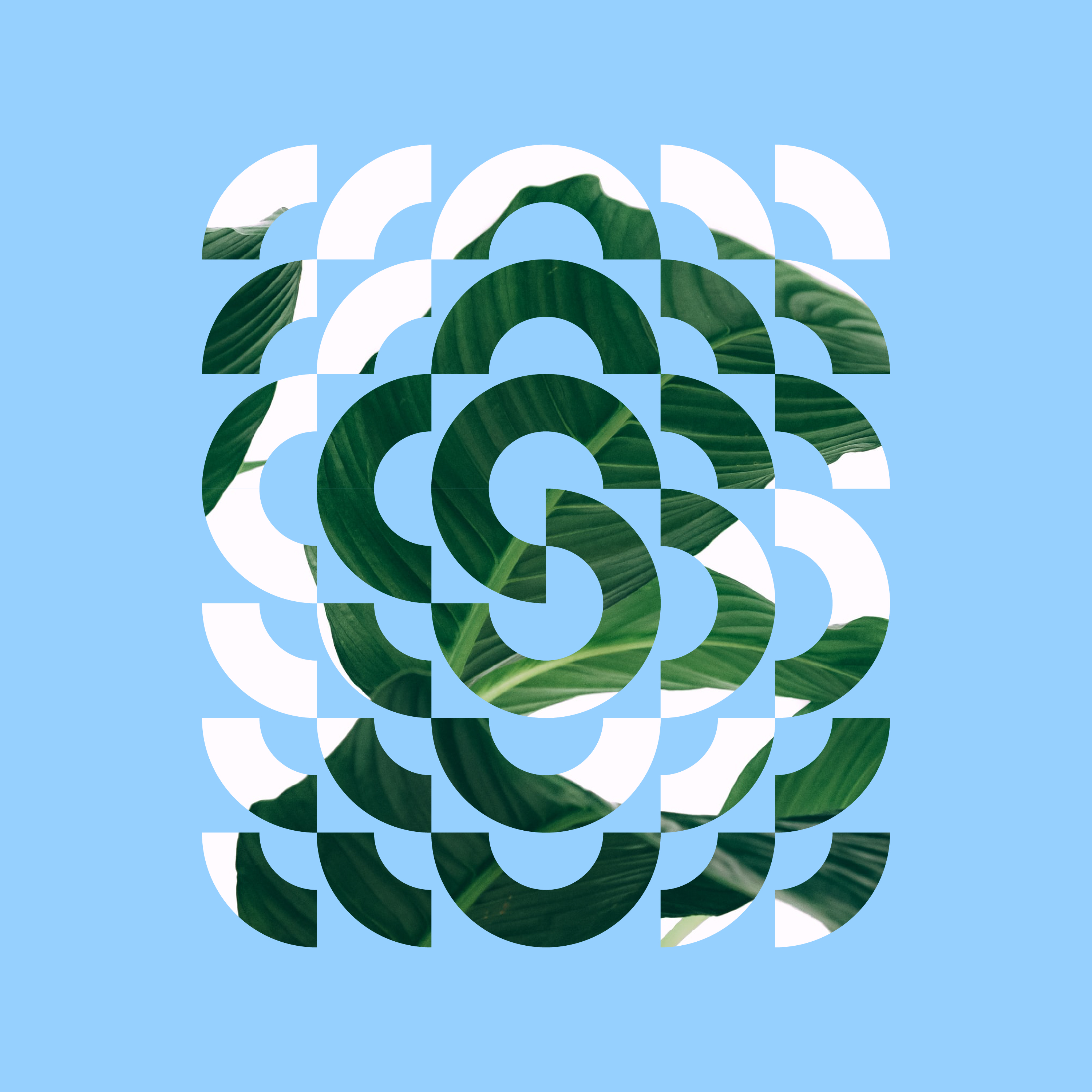 Abstract geometric pattern with green leaves inside the shapes, set against a light blue backdrop. Art and nature converge in design.