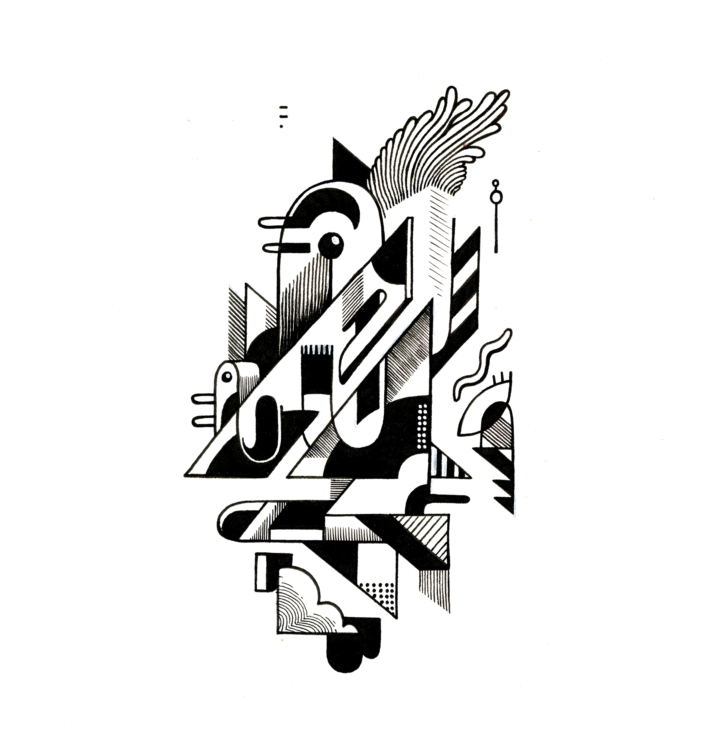 Black and white geometric abstraction with lines, angles, and shapes creates an intricate and modern visual design, resembling an art illustration.