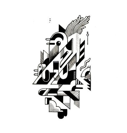 Black and white geometric abstraction with lines, angles, and shapes creates an intricate and modern visual design, resembling an art illustration.