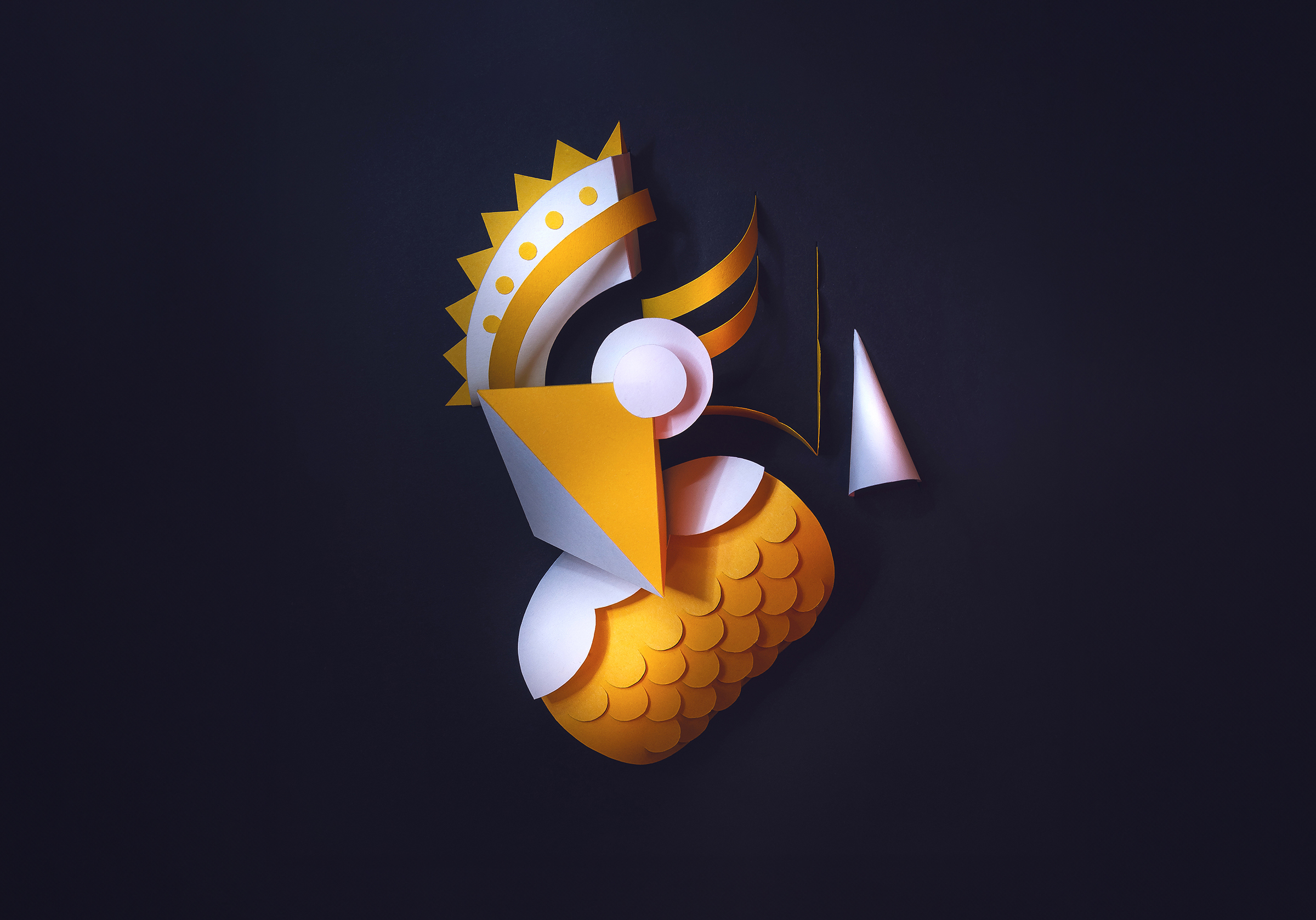 Abstract paper art featuring yellow, white, and gold geometric shapes on a dark background, creating a modern and eye-catching composition.