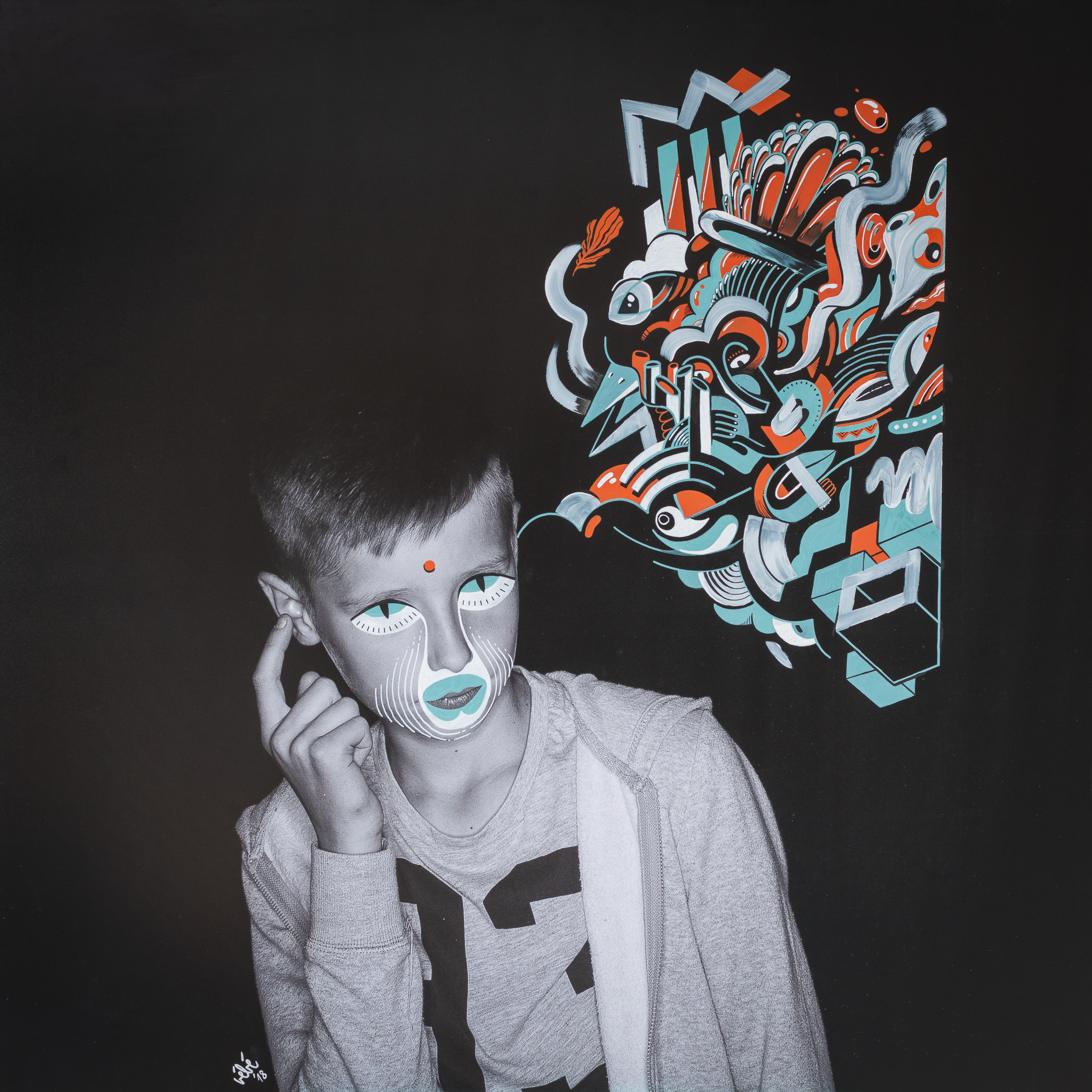 Young person with face paint poses next to graphic art in grayscale photo studio.