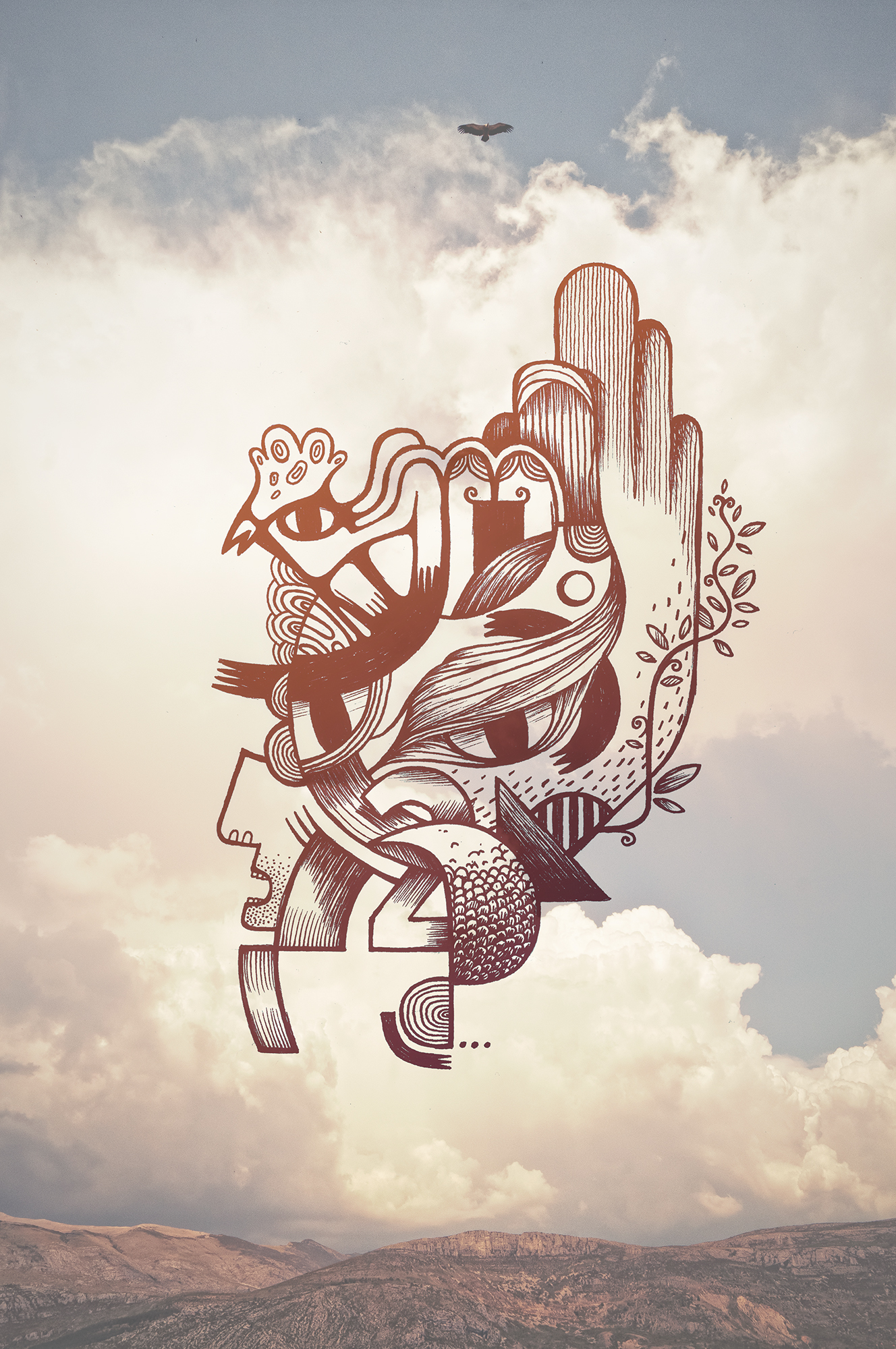 Stylized drawing of a face and hand is superimposed over an image of puffy clouds and distant mountains, with a lone bird in the sky.
