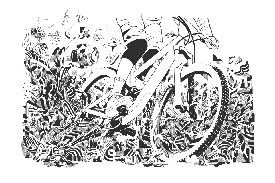 Black and white line art illustration of a person riding a mountain bike through an abstract design landscape with geometric shapes.