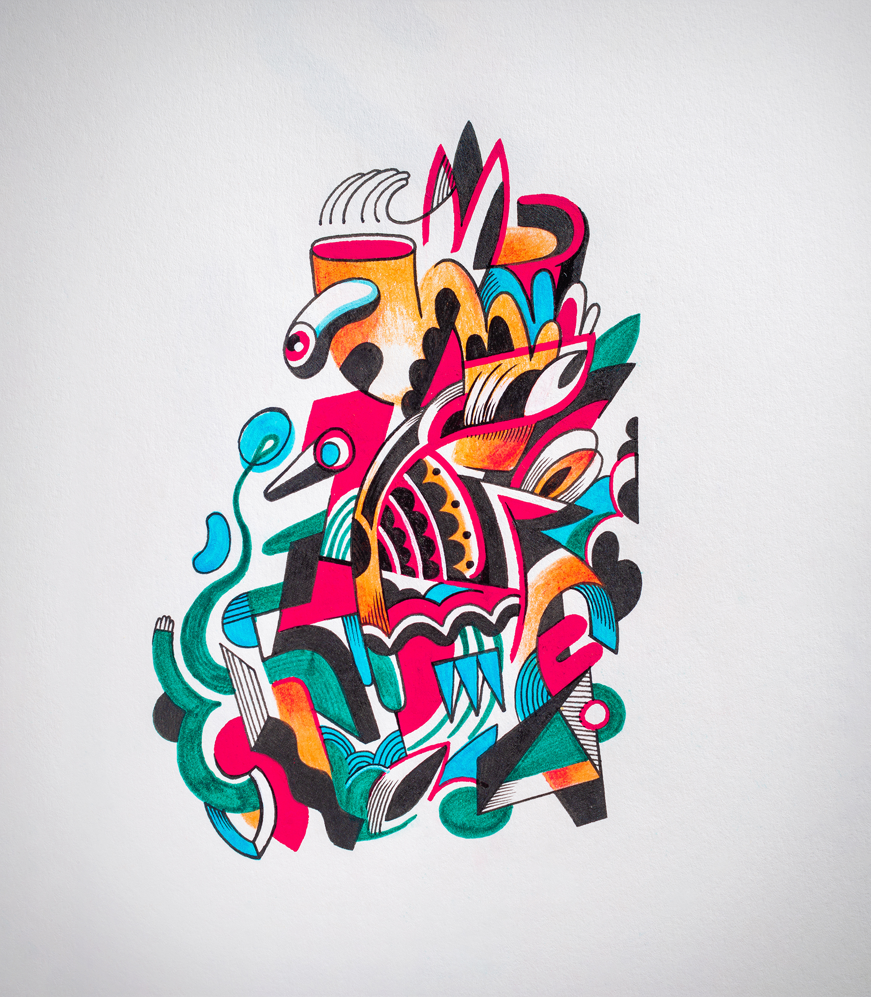 Colorful abstract art featuring geometric shapes and organic lines in shades of blue, green, orange, yellow, pink, and black on a white backdrop.