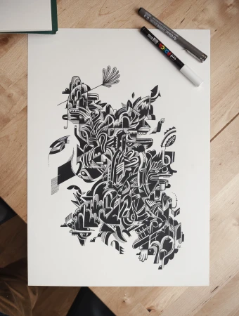 Abstract ink drawing on paper featuring a complex composition of black and white shapes and lines. The artwork has two pens nearby.