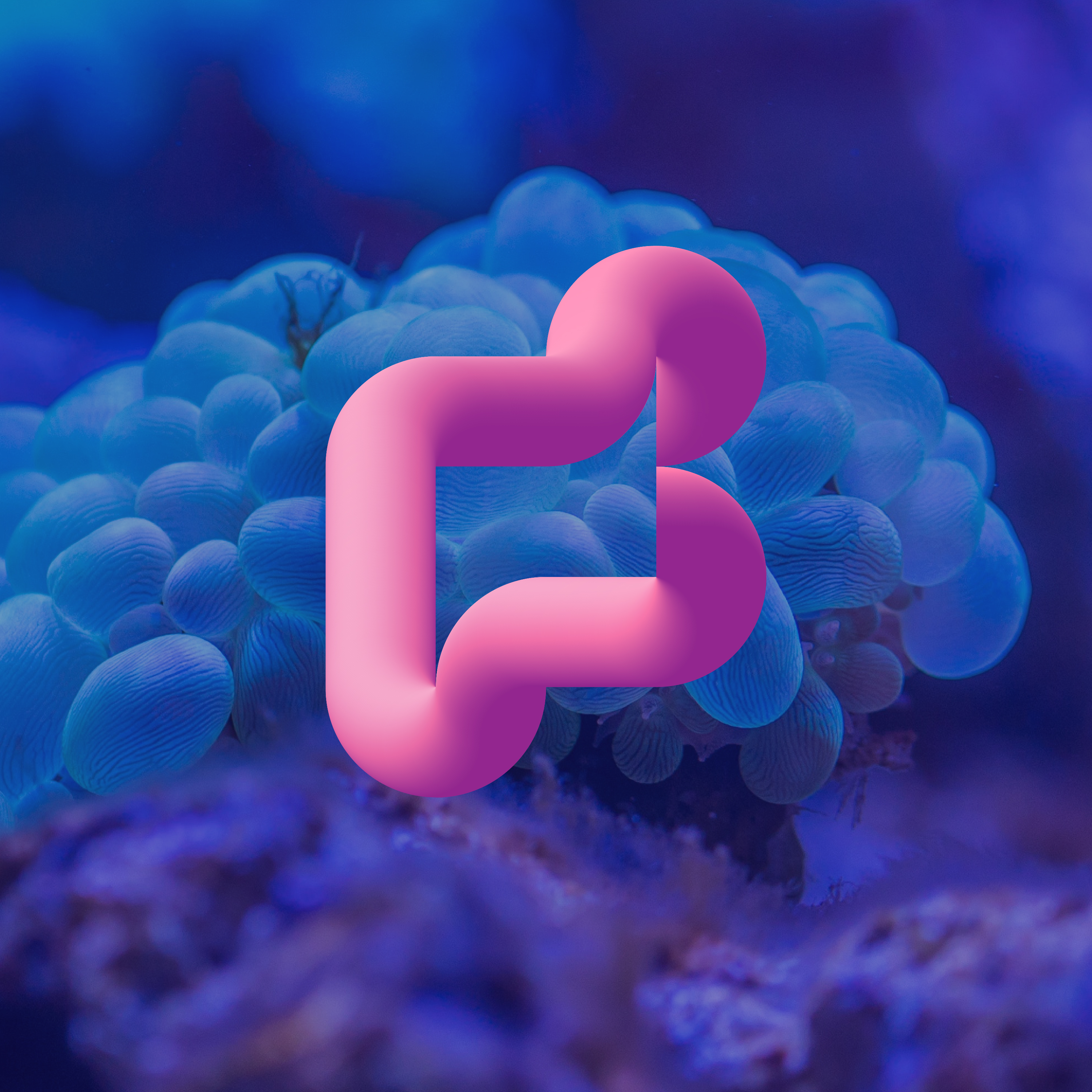 Abstract pink tube design against a blue and purple coral reef backdrop creates a vibrant and surreal underwater scene.