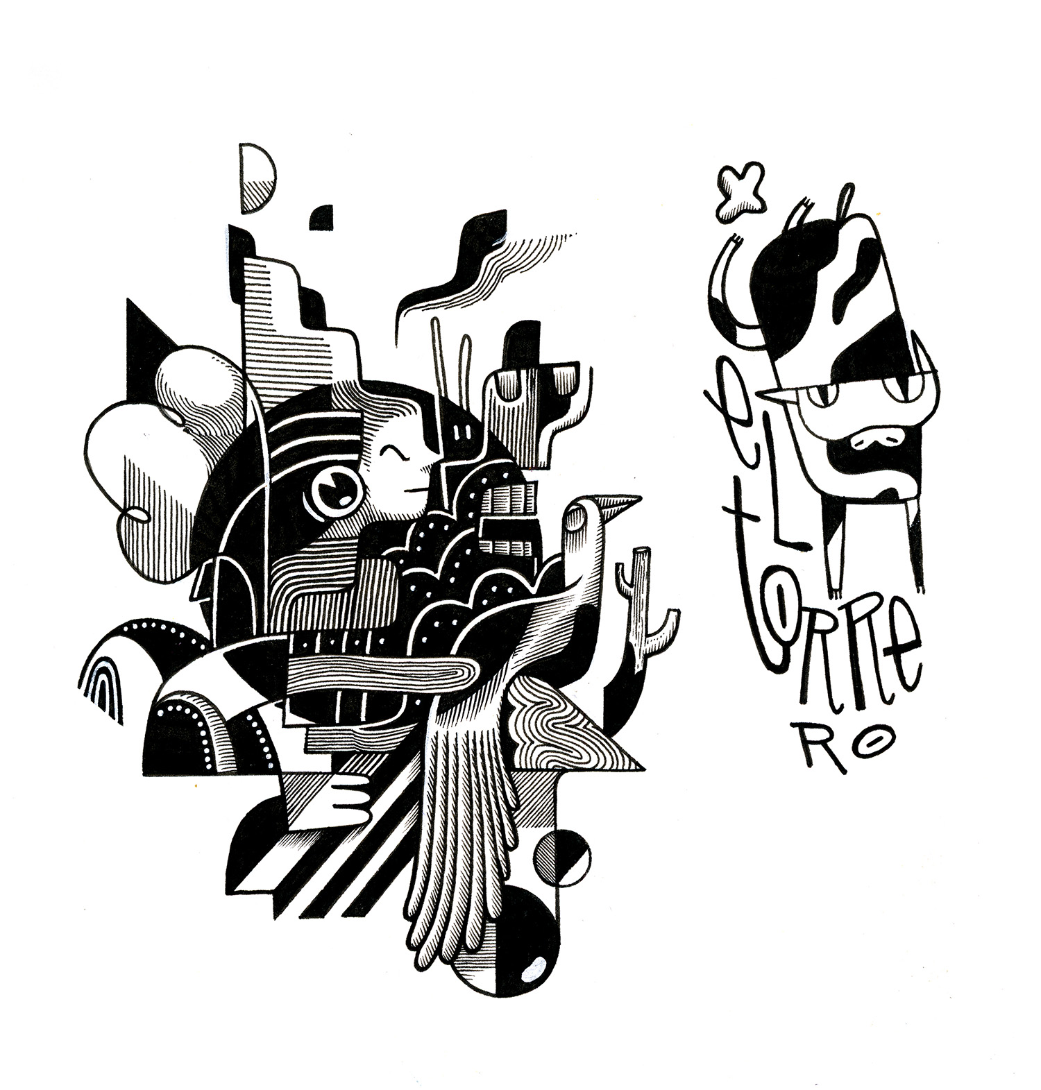 Whimsical black-and-white illustration with geometric shapes, a stylized person, bird, cactus, and cow on a white background.