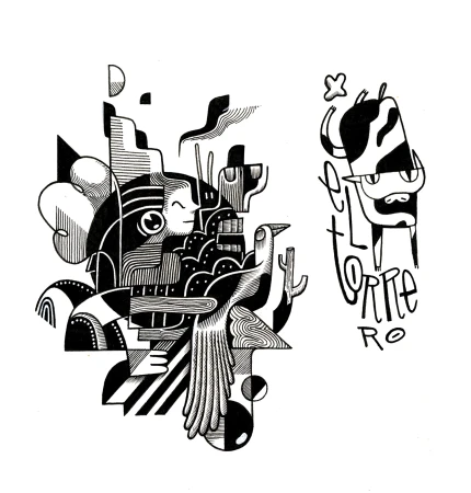 Whimsical black-and-white illustration with geometric shapes, a stylized person, bird, cactus, and cow on a white background.