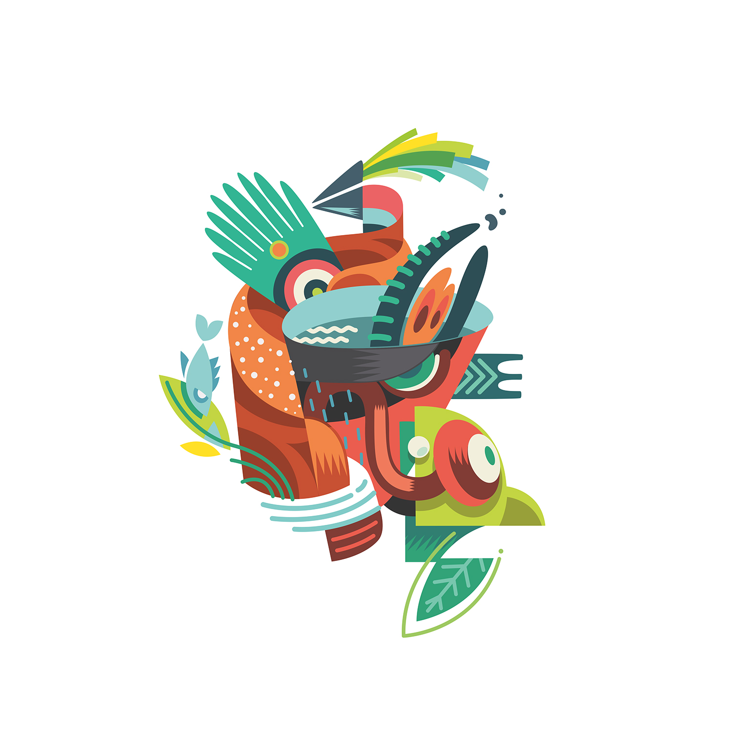 Geometric vector art illustration featuring a colorful abstract collage with tribal mask elements on a clean white background.