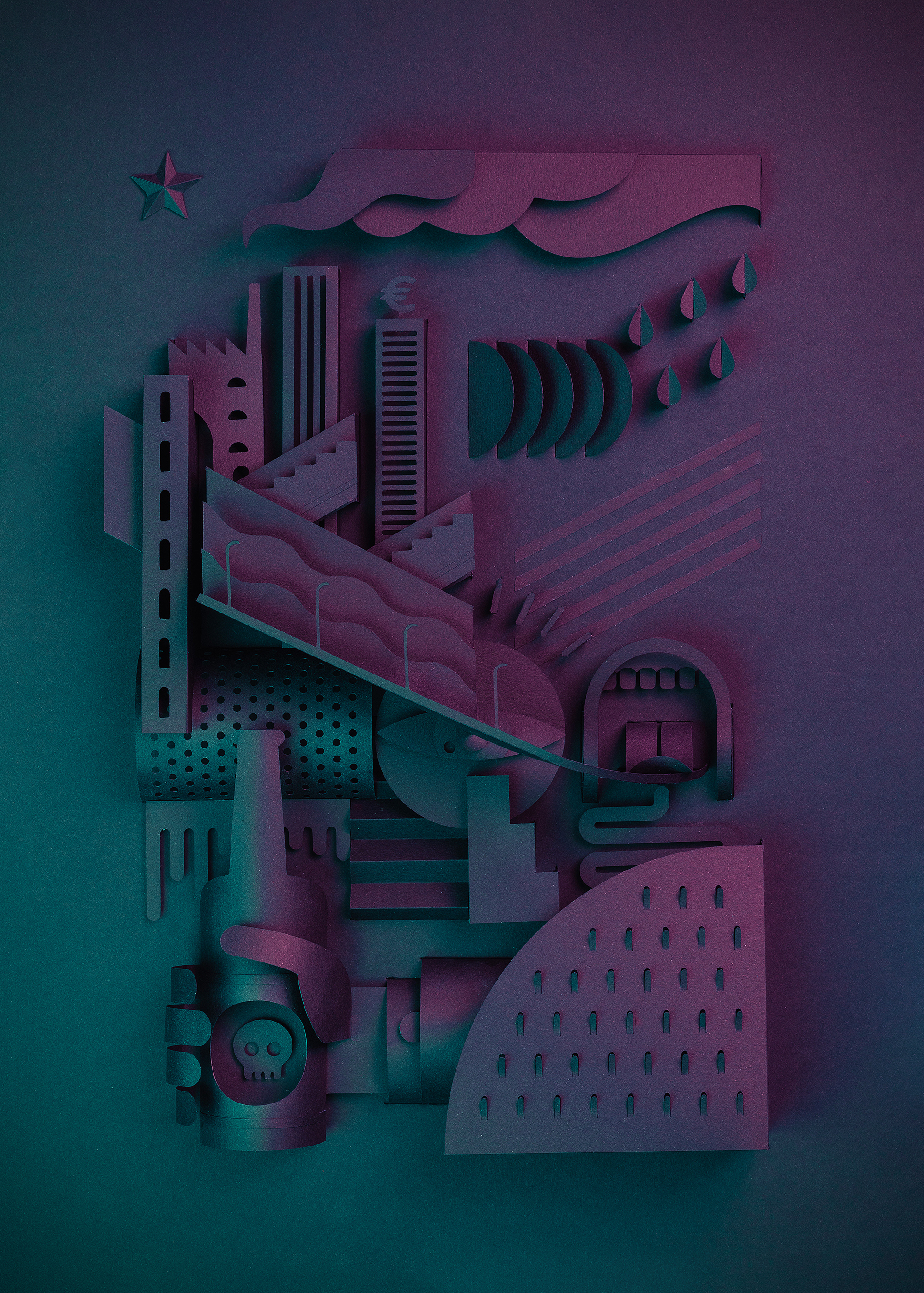 Whimsical paper art installation with layered teal and purple shapes evoking a stylized cityscape with a star, cloud, and bottle.