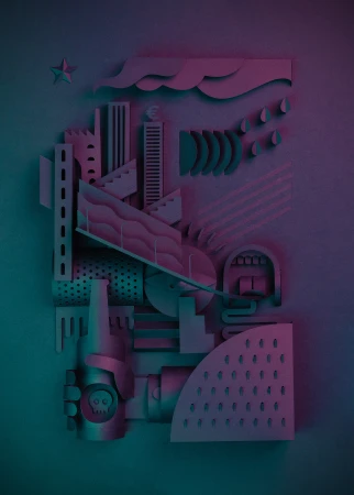 Whimsical paper art installation with layered teal and purple shapes evoking a stylized cityscape with a star, cloud, and bottle.