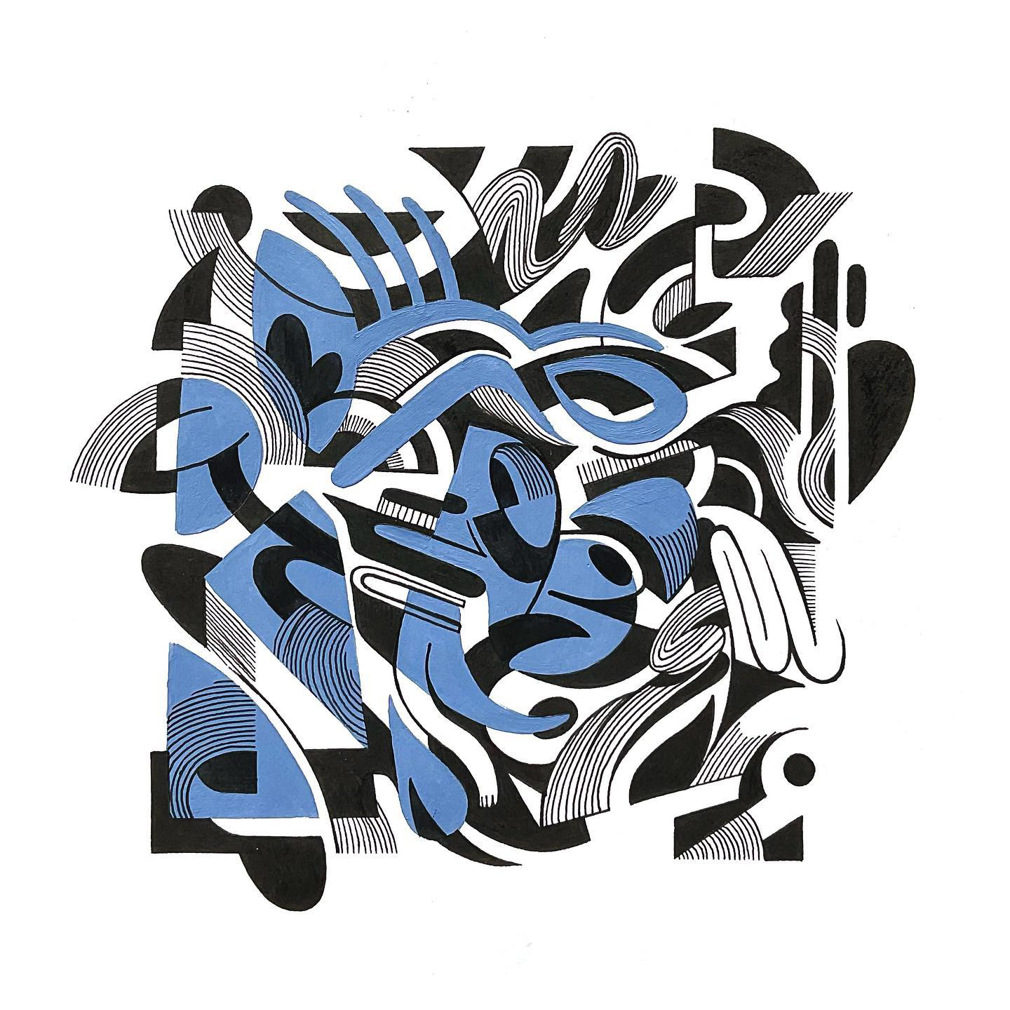 Abstract art featuring flowing blue and black lines against a white background. Geometric shapes create a modern, eye-catching design.