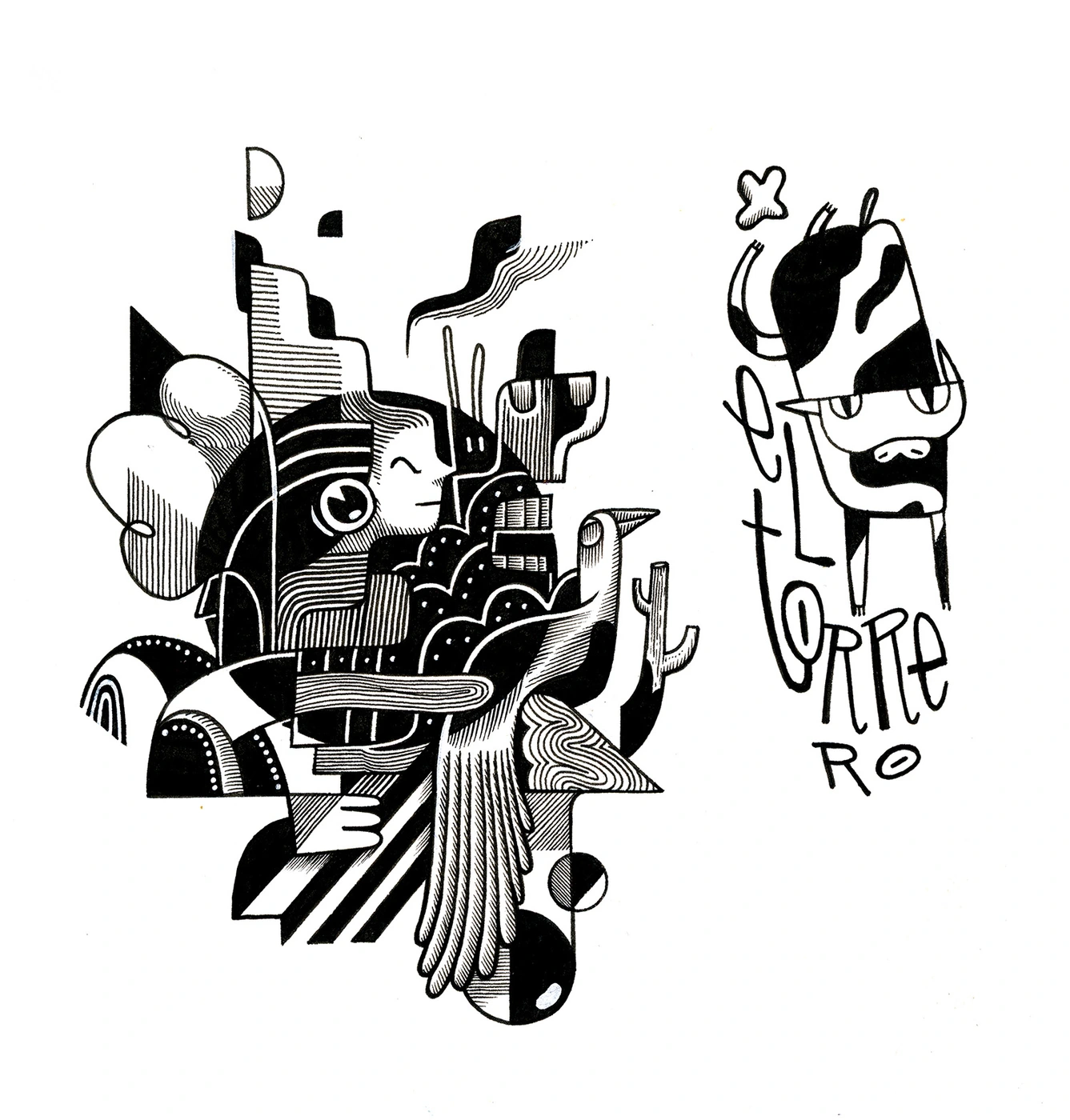 Black and white ink illustration of an abstract geometric figure with a bird wing, alongside a cartoon bull and El Torrero text.