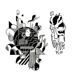 Black and white ink illustration of an abstract geometric figure with a bird wing, alongside a cartoon bull and El Torrero text.